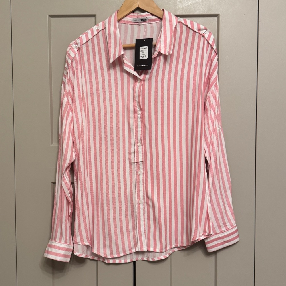 Fashion Nova Pink Striped Button-Up Blouse | Oversized Long Sleeve Shirt | NWT